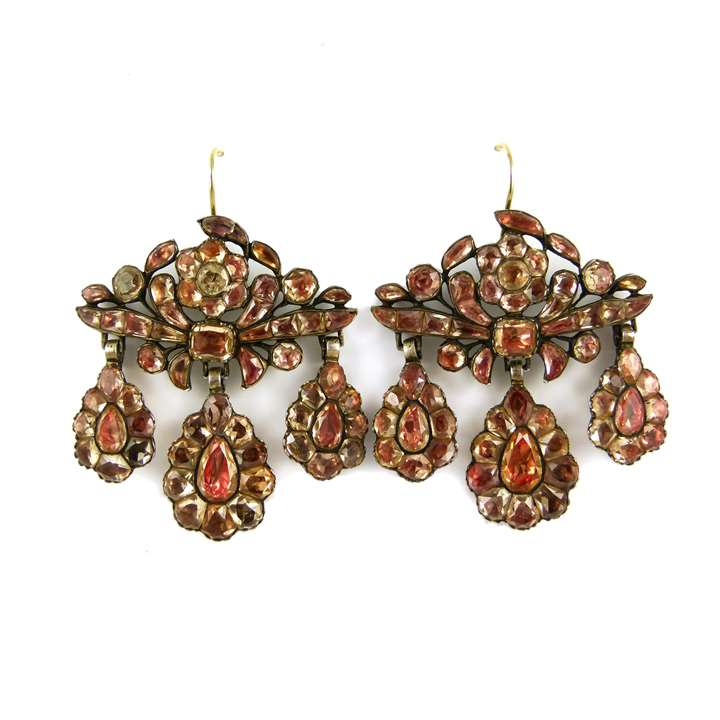 Pair of 18th century foiled orange topaz triple drop pendant earrings